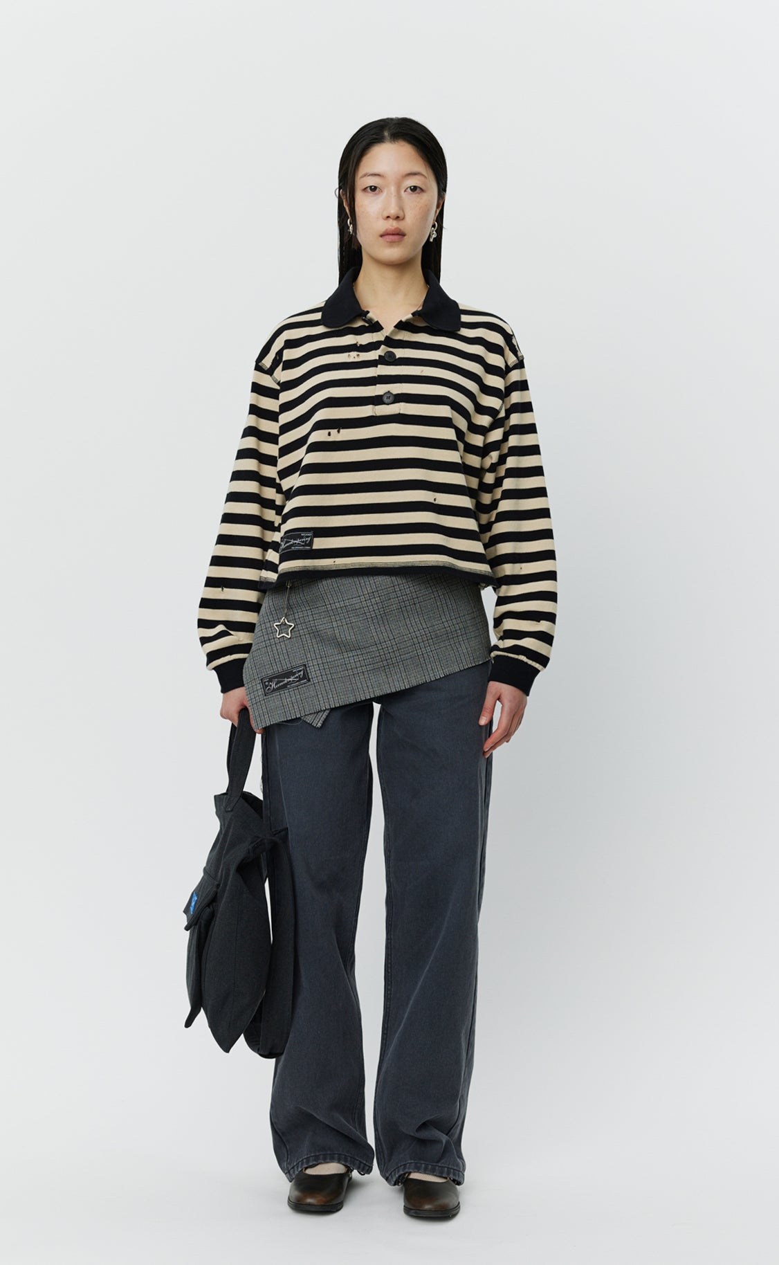 Cropped Fractured Polo - Wide Black Stripe