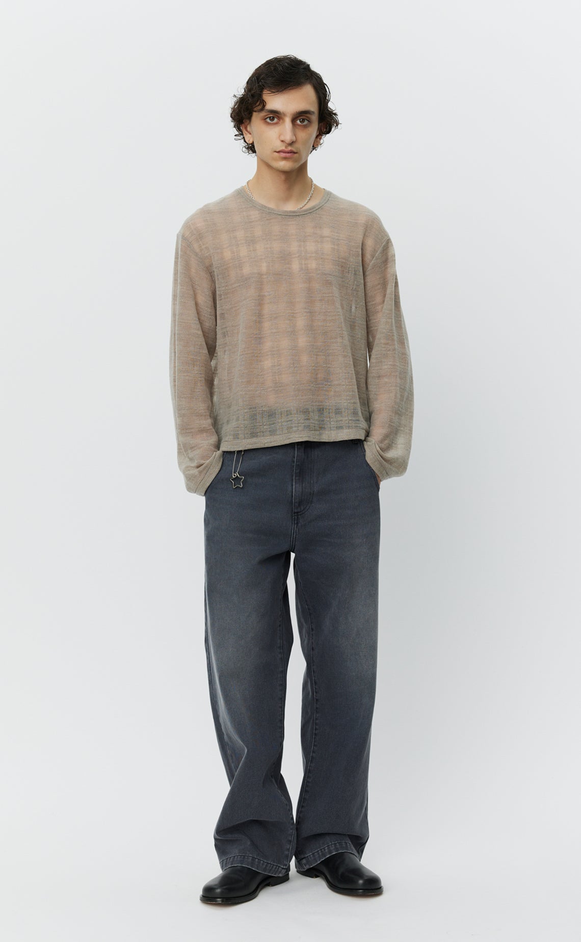 Round Neck Sweater - Beige Gauze Check