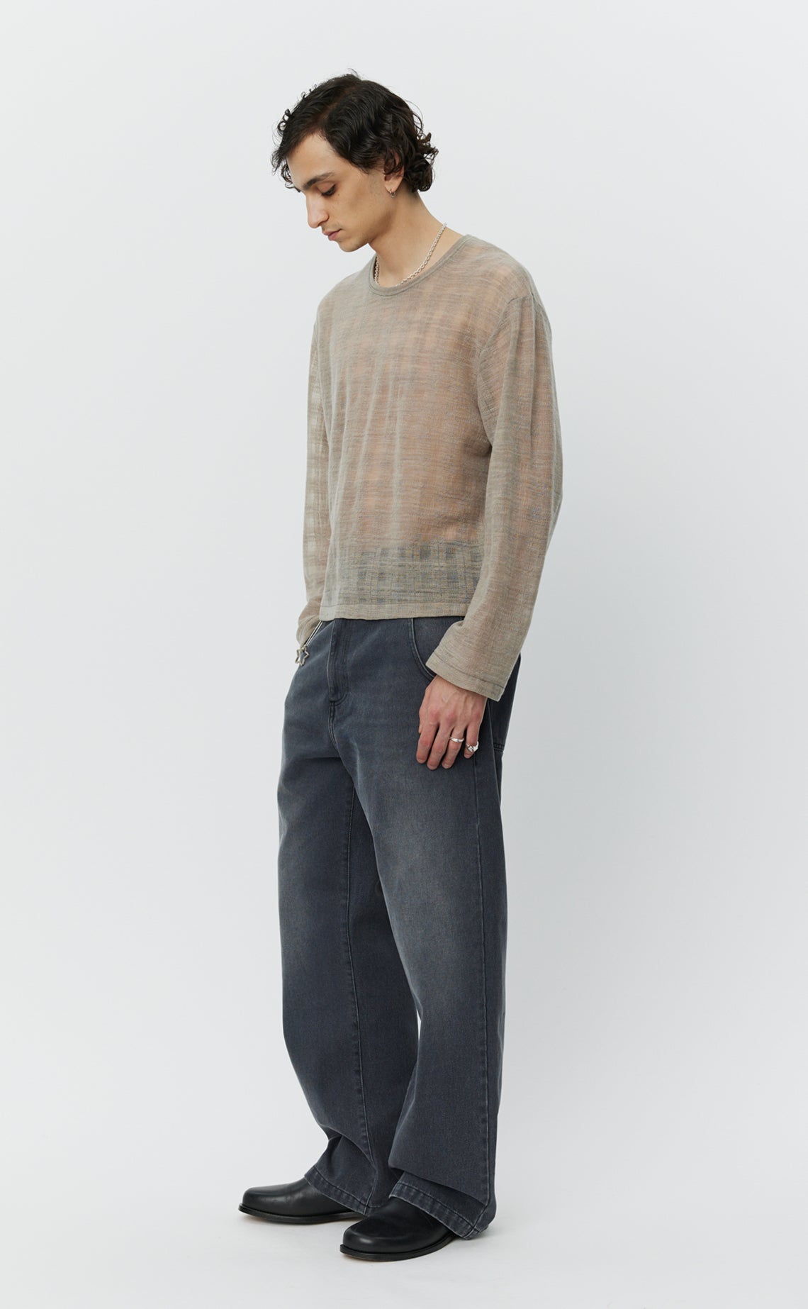 Round Neck Sweater - Beige Gauze Check