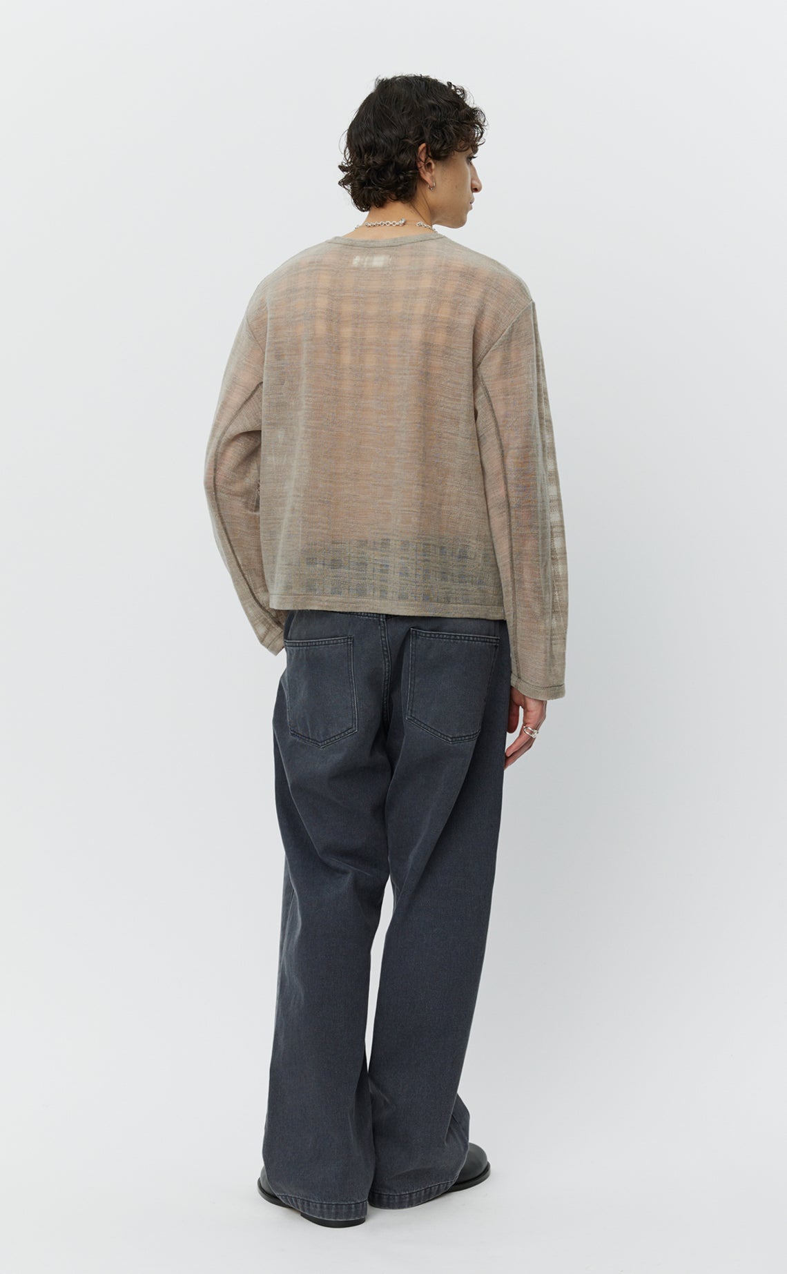 Round Neck Sweater - Beige Gauze Check