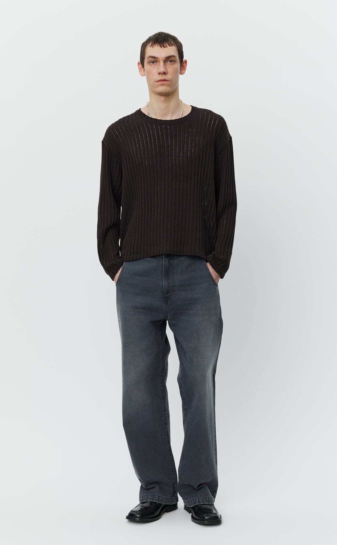 Round Neck Sweater - Dark Brown Ajour Stripe
