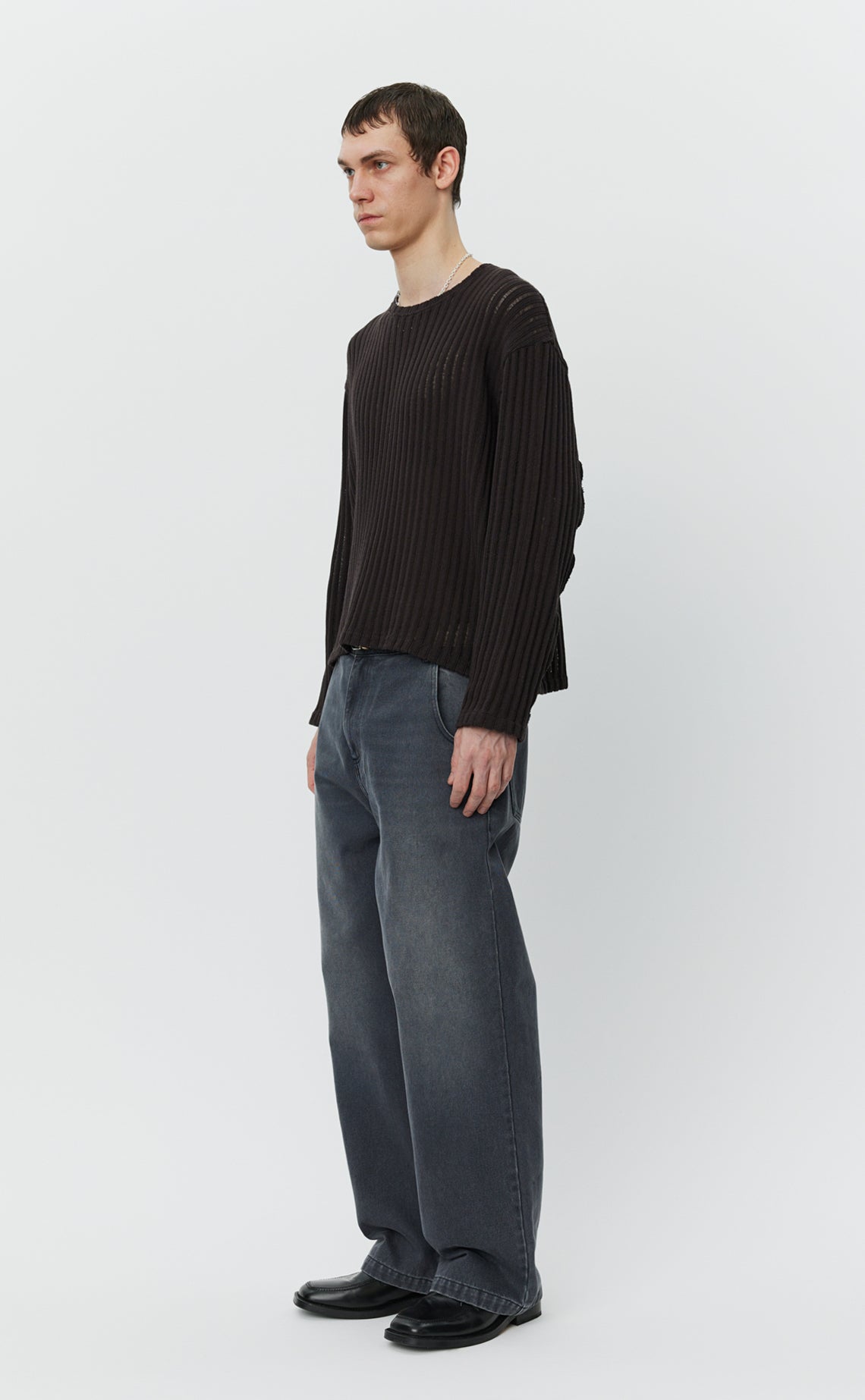 Round Neck Sweater - Dark Brown Ajour Stripe