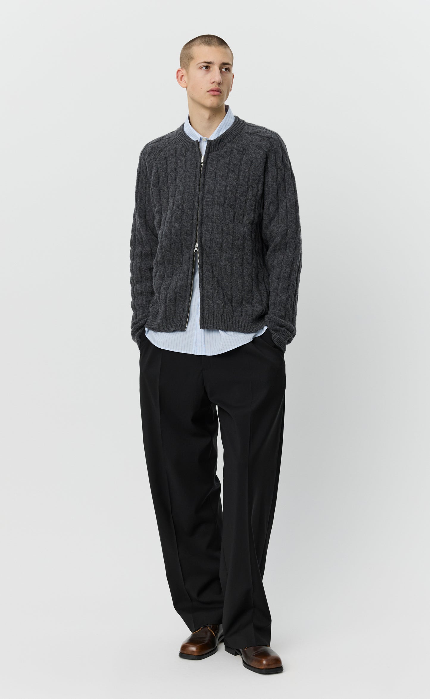 Editor Zip Sweater - Dark Grey Cable Knit