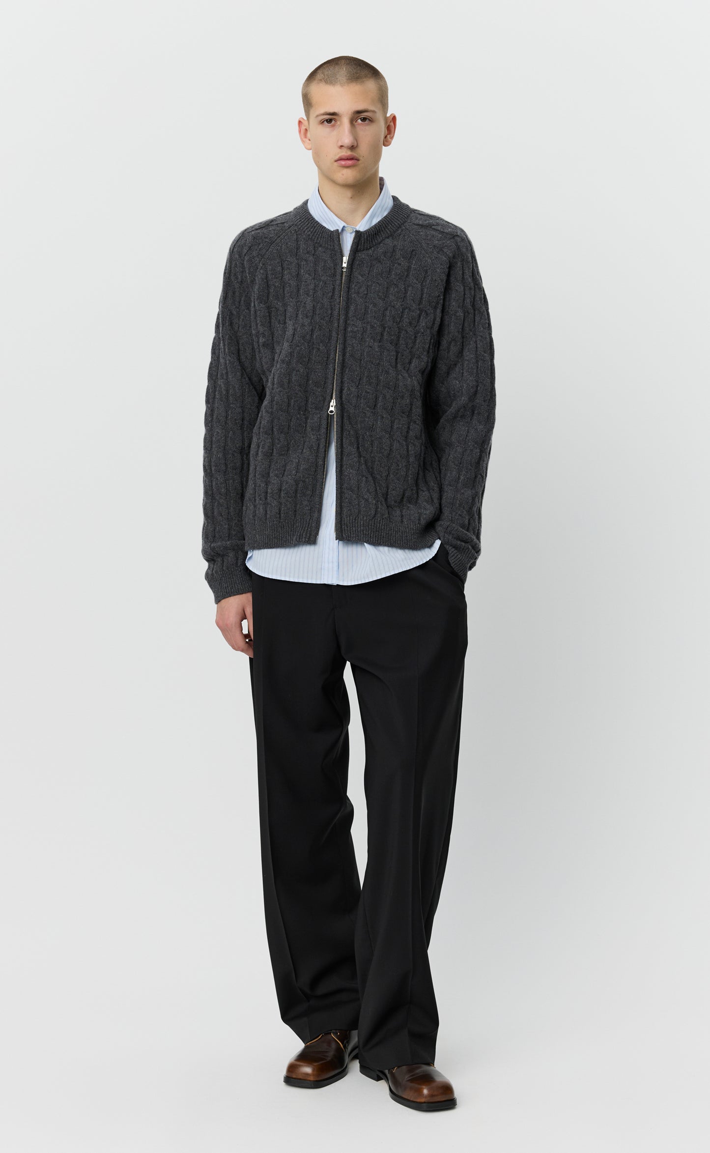 Editor Zip Sweater - Dark Grey Cable Knit
