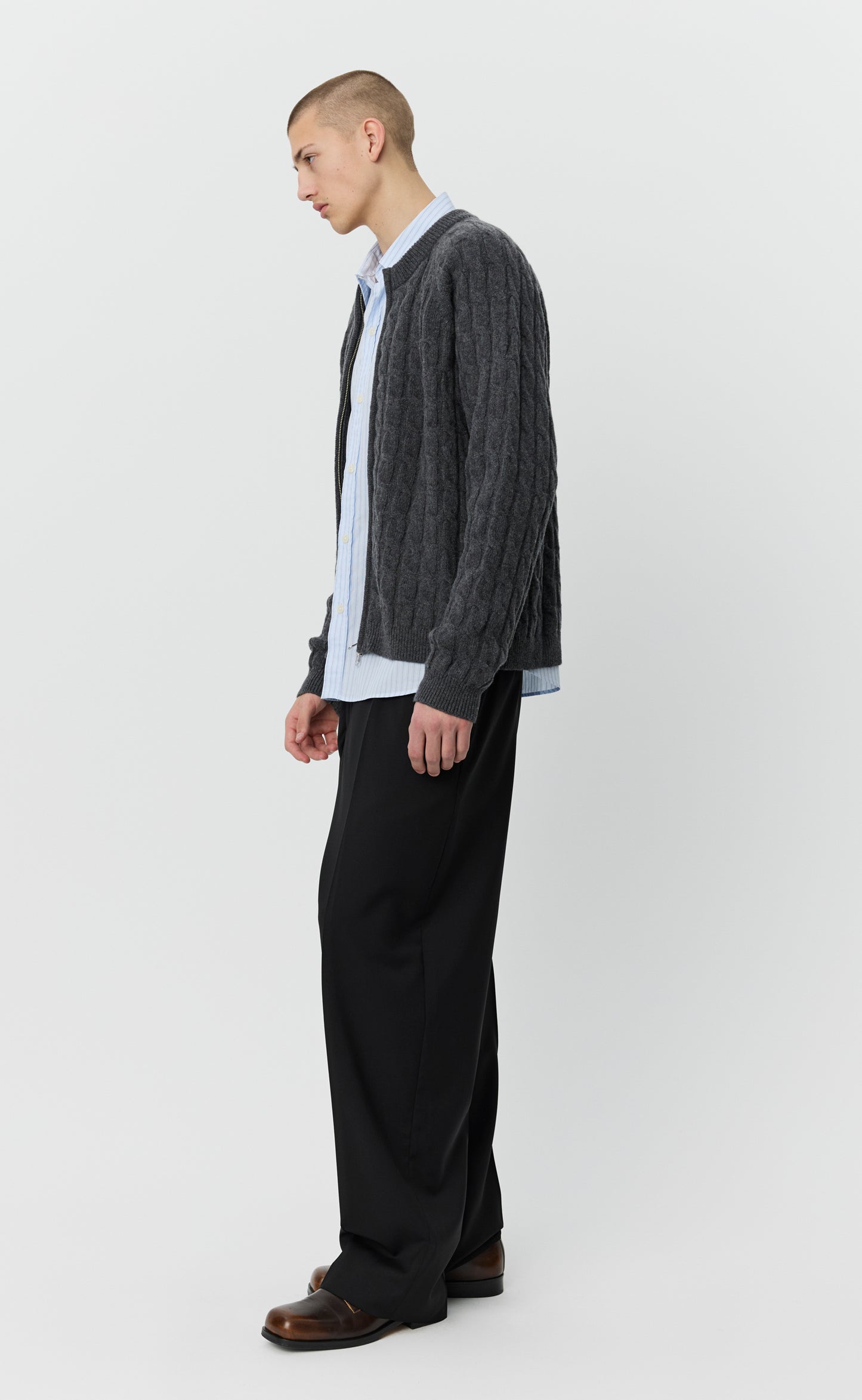 Editor Zip Sweater - Dark Grey Cable Knit