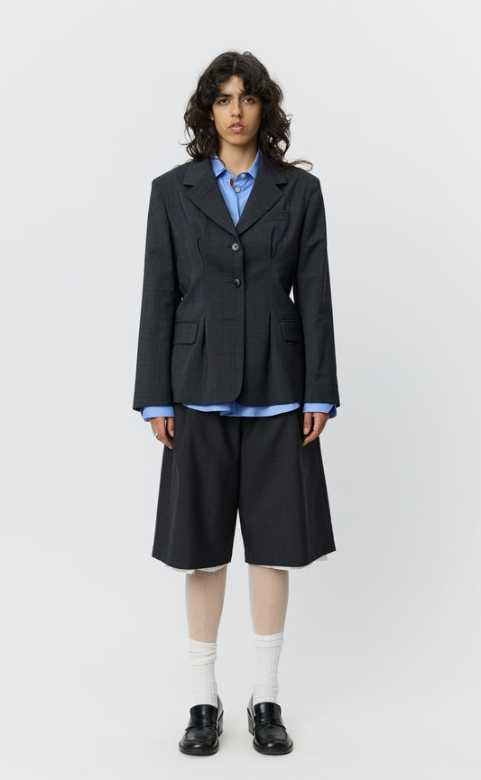 Inverted Pleat Blazer - Dark Grey Check
