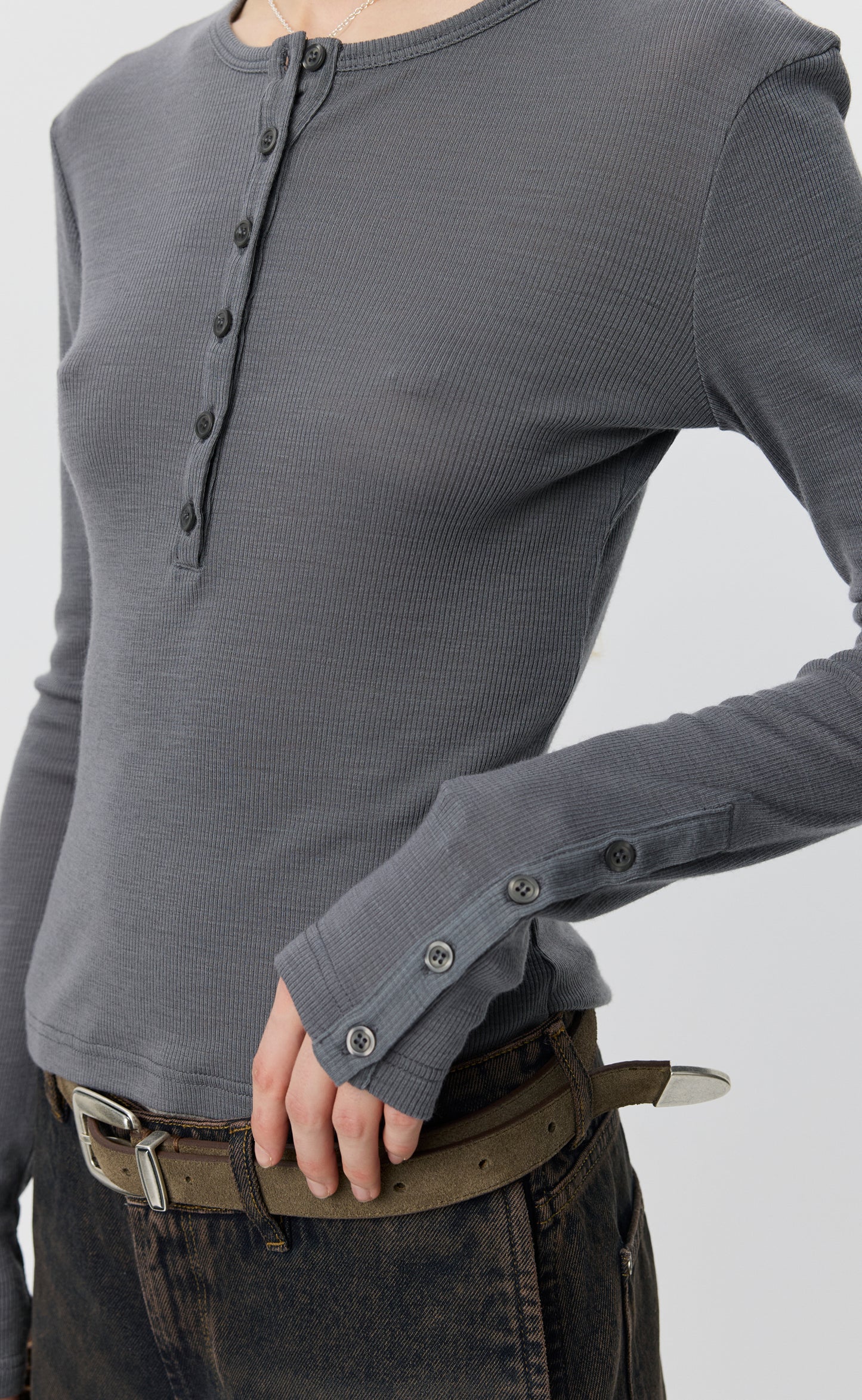 LS Henley - Lead Grey Rib