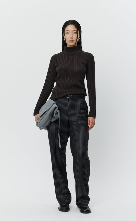 Mock Neck Top - Dark Brown Ajour Stripe