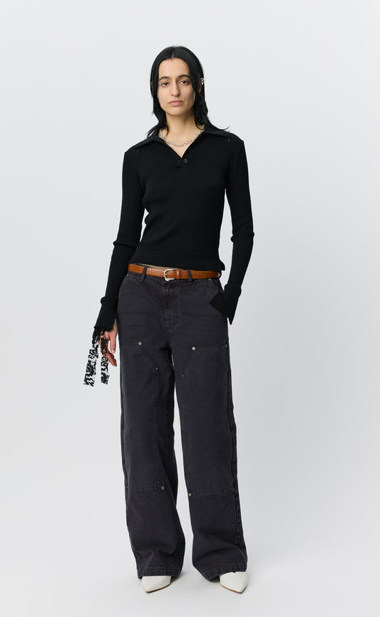 Partial Placket Polo - Black Rib