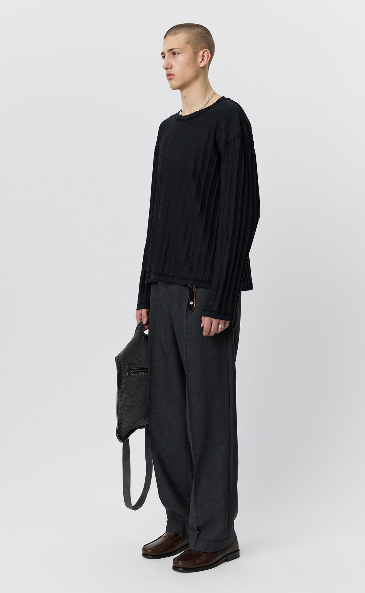 Round Neck Sweater - Black Inverted Ajour Stripe