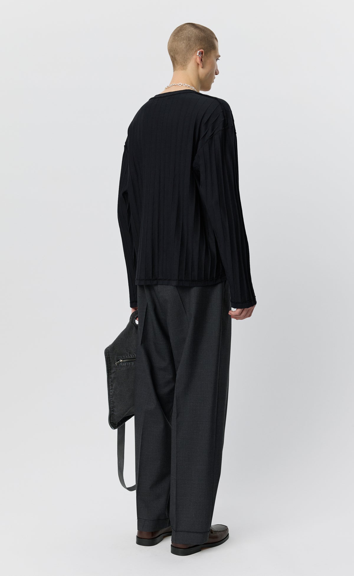 Round Neck Sweater - Black Inverted Ajour Stripe