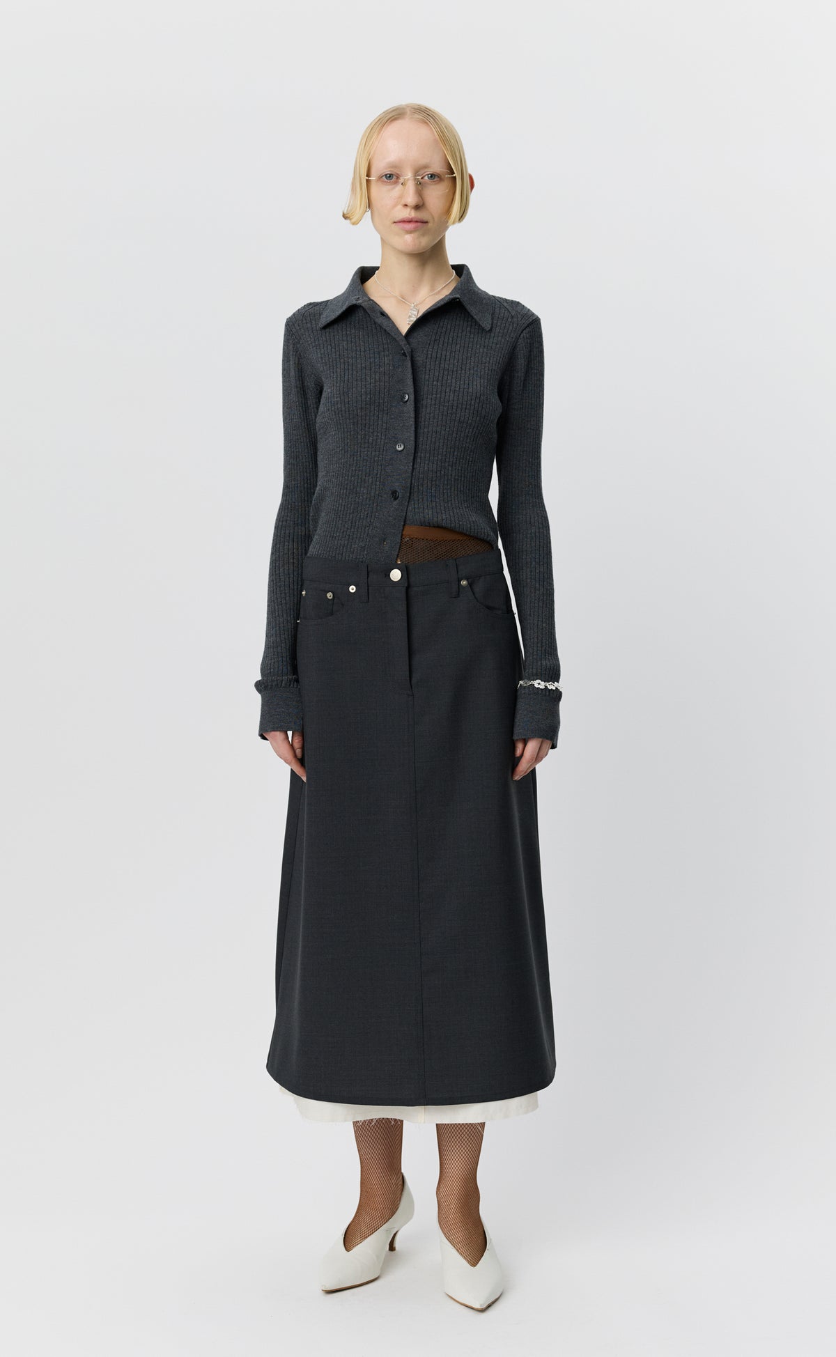 Rivet Vent Skirt - Dark Grey Dry Wool