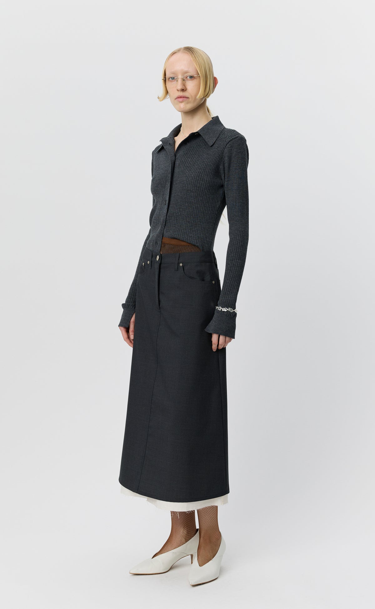 Rivet Vent Skirt - Dark Grey Dry Wool