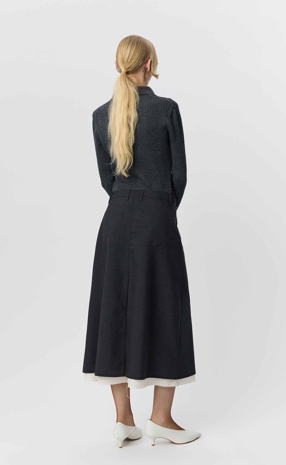 Rivet Vent Skirt - Dark Grey Dry Wool