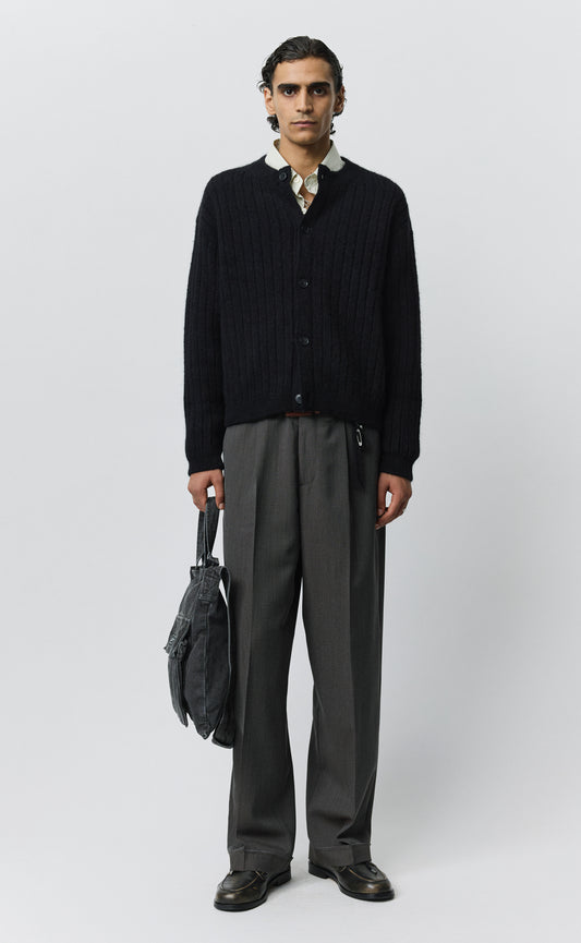 Round Neck Cardigan - Black Rib