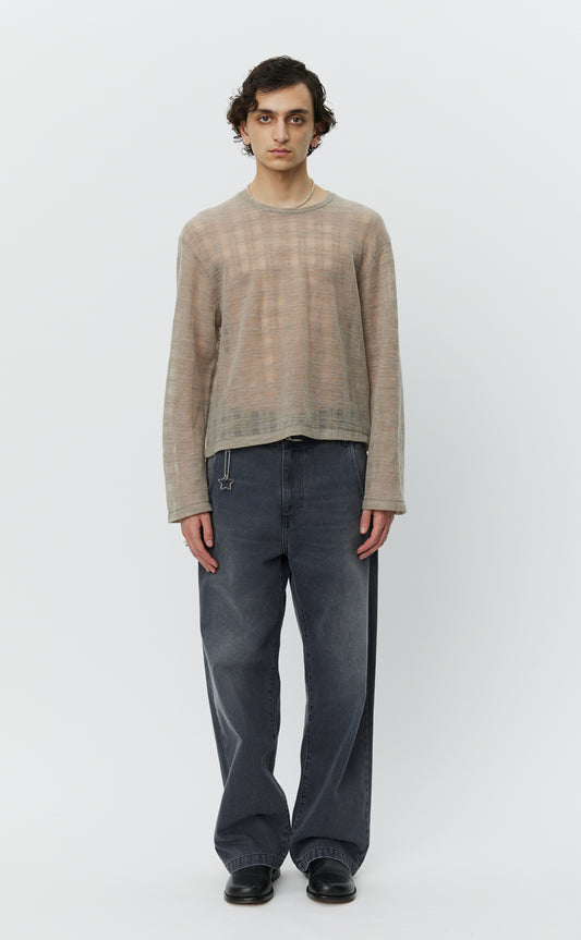 Round Neck Sweater - Beige Gauze Check