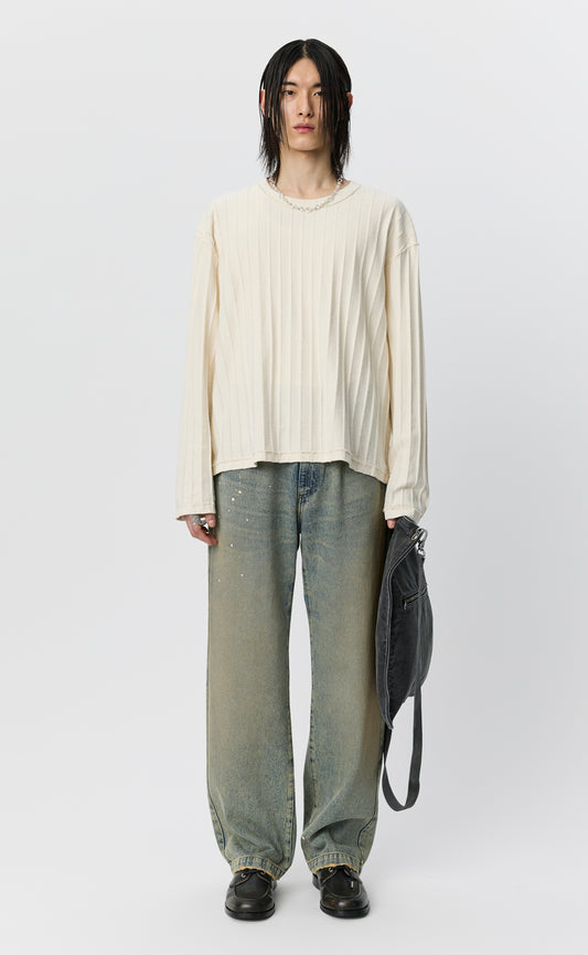 Round Neck Sweater - Ecru Inverted Ajour Stripe