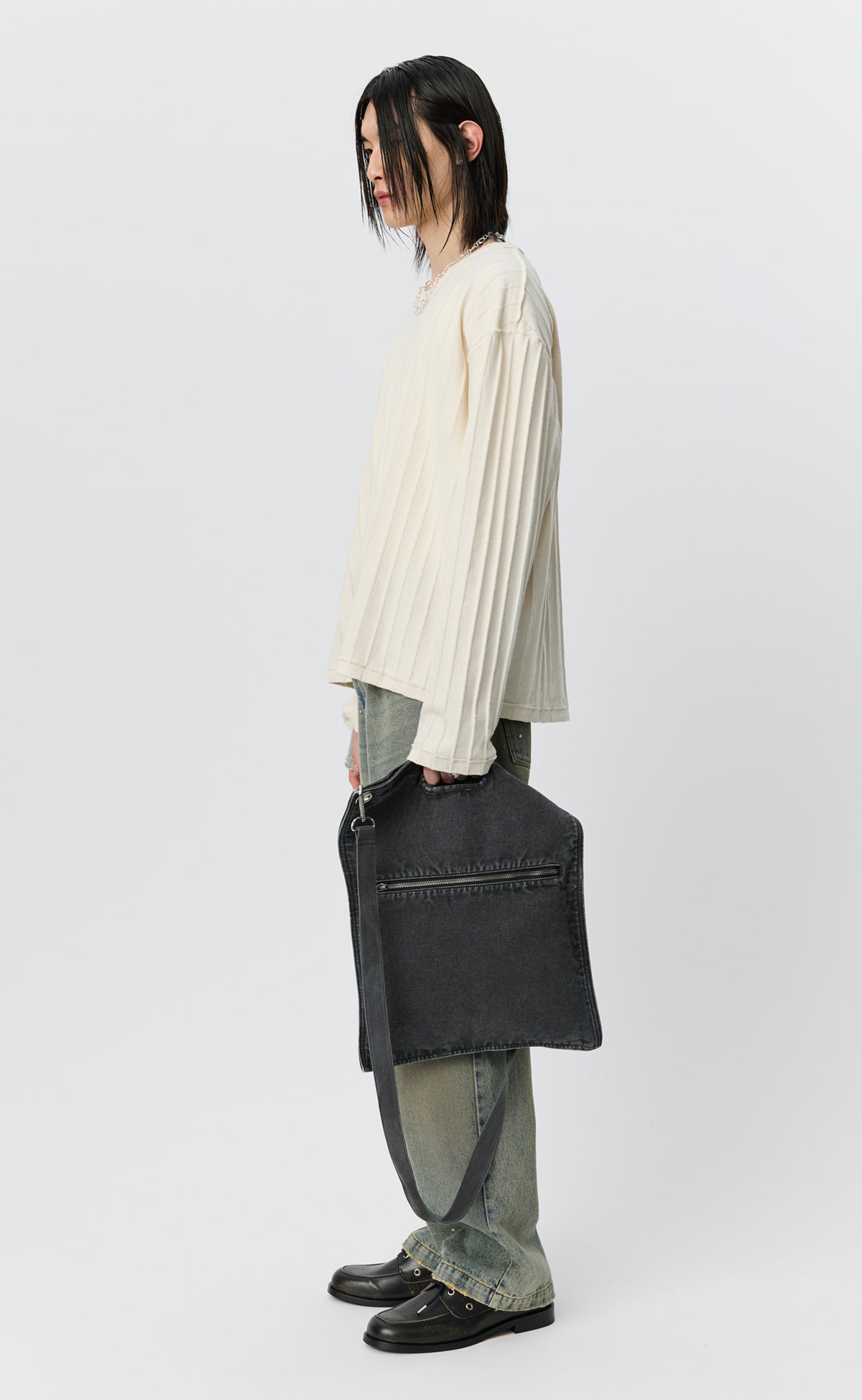 Round Neck Sweater - Ecru Inverted Ajour Stripe