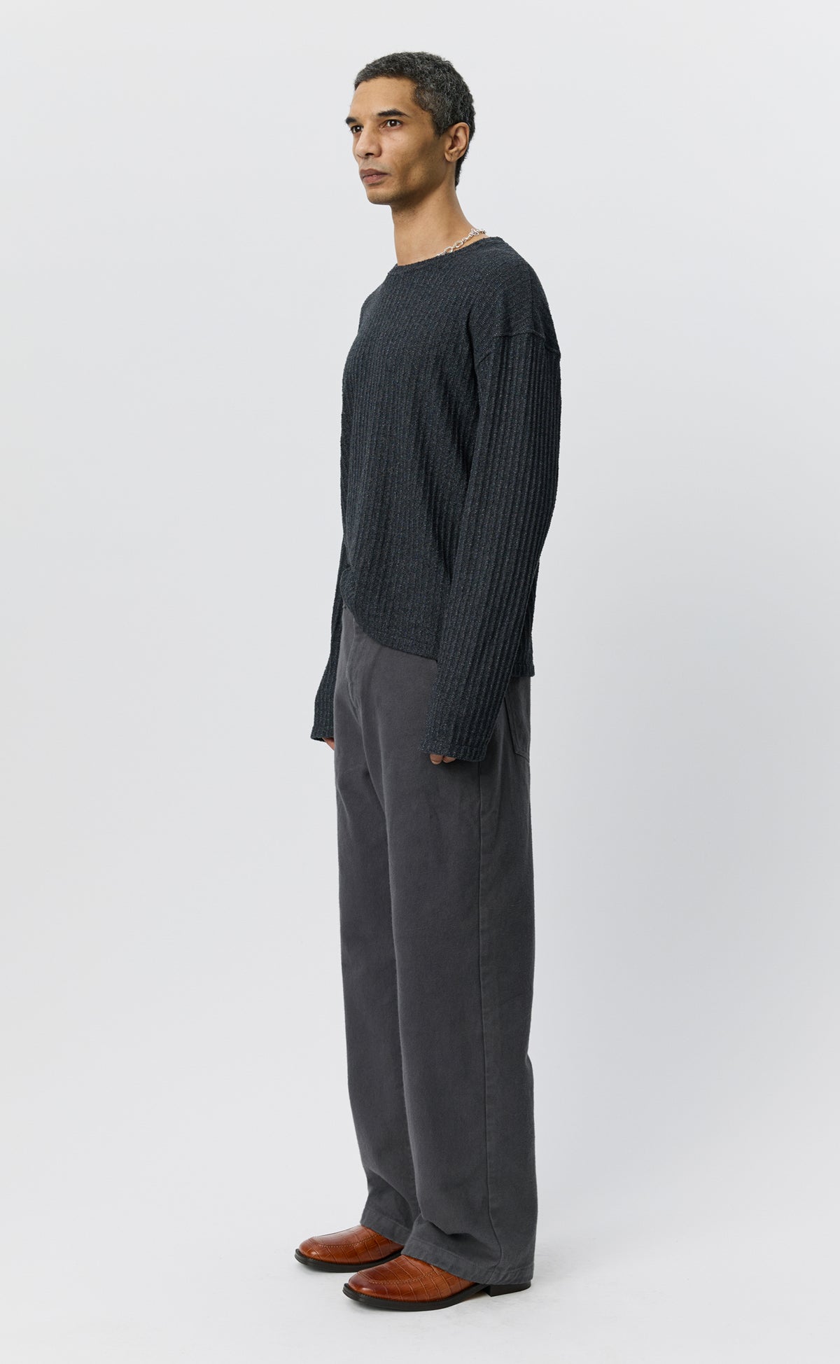Round Neck Sweater - Grey Bouclé Rib