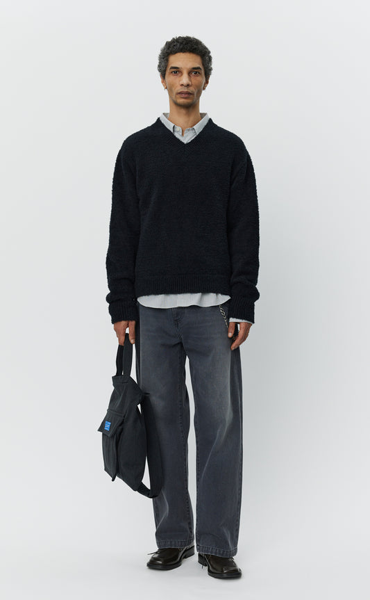 V-Neck Sweater - Furry Black