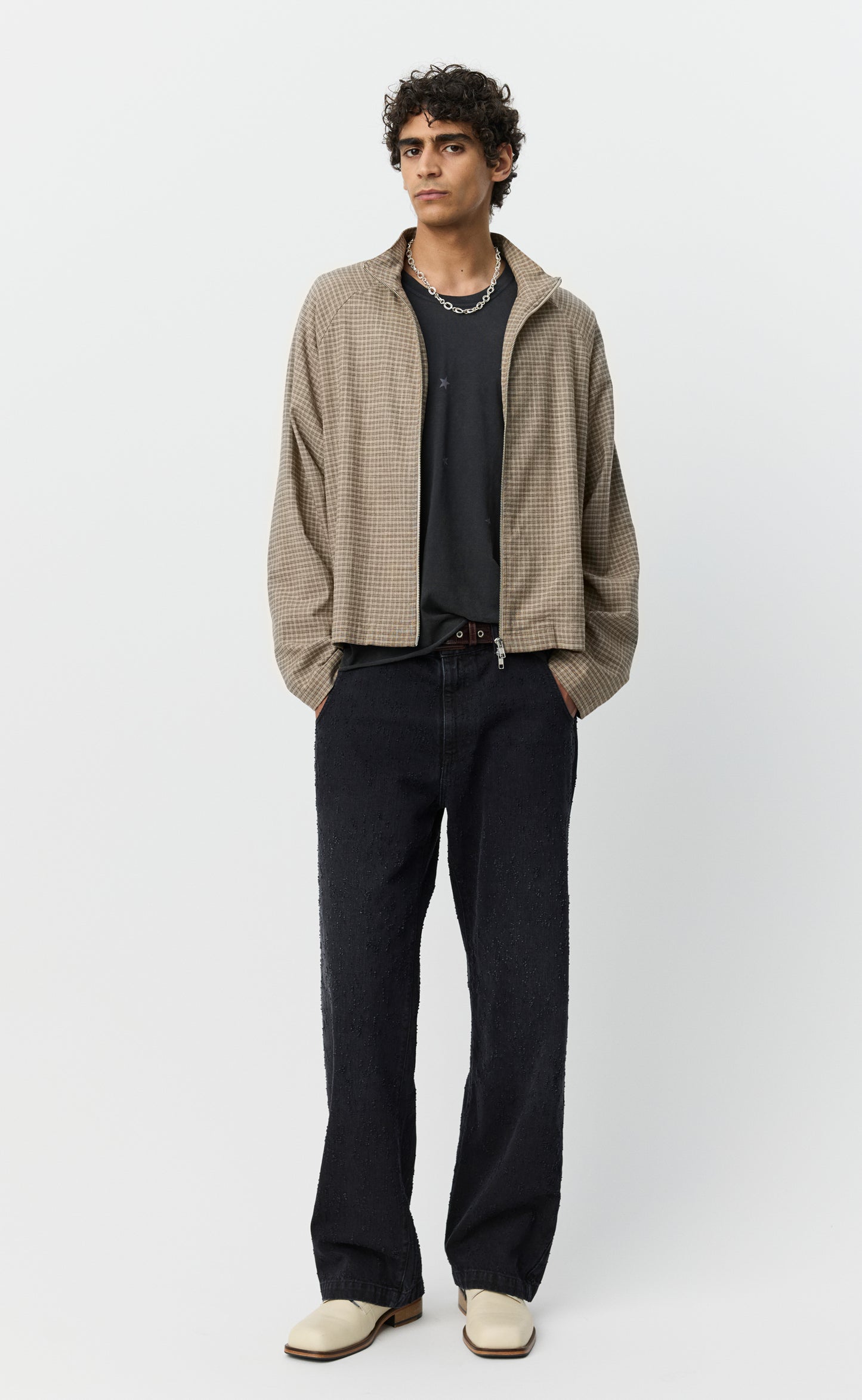 Woven Leisure Zip Up - Worn Taupe Check