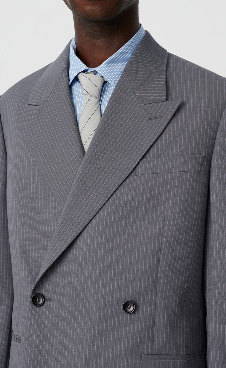 Double Breasted Blazer - Grey Pinstripe Wool